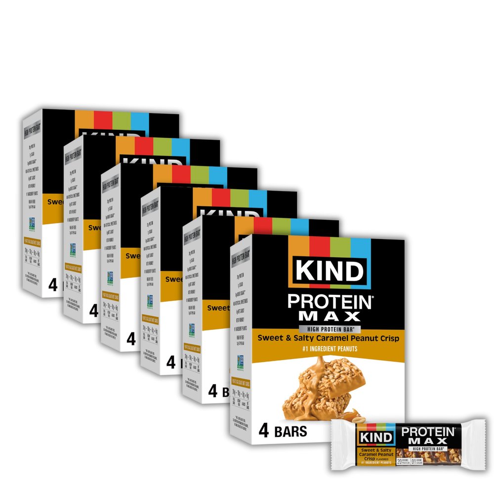 KIND Protein MAX Bars, Sweet & Salty Caramel Peanut Crisp, Gluten Free, Low Sugar, High Fiber Snacks, 20g Protein, 24 Count