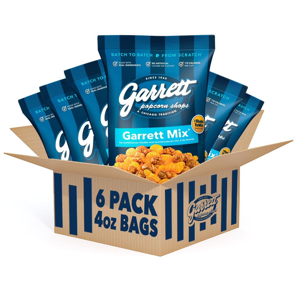 Garrett Popcorn Garrett Mix, 4 Ounce Bags (Pack of 6) - Classic Chicago Style Cheese and Caramel Gourmet Popcorn - Gluten Free, Sweet and Salty Snack, Popped Party Mix