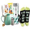 Tea Lover Gift Basket with Porcelain Teapot & Strainer, Funny Tea Socks, Herbal Tea, Golden Spoon, Wafers & Cookies Tea Gift Set for Women, Mom, Birthday, Get Well, Relaxation view 1