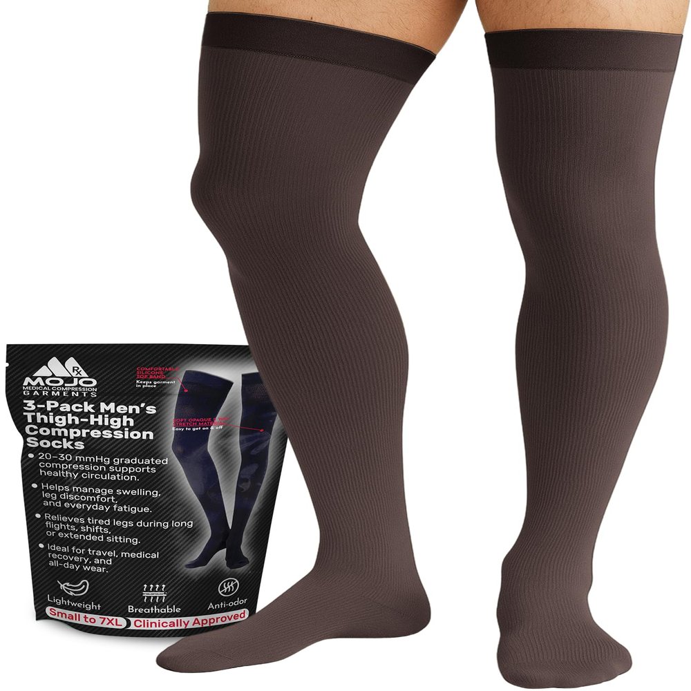 Mojo Compression Socks, 3-Pack Men Thigh High, 20-30mmhg, Brown, 2X-Large