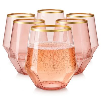 40 count Diamond Unbreakable Stemless Plastic Wine Champagne Whiskey Glasses Elegant Durable Disposable Indoor Outdoor Ideal for Home, Office, Bars, Wedding, 12 Ounce Cups (Diamond Pink Matte Gold)