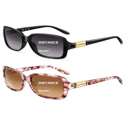 JM 2 Pack Classic Bifocal Reading Glasses Rectangular Stylish Sunglasses Readers for Women +2.25 All Black&Pink Printed