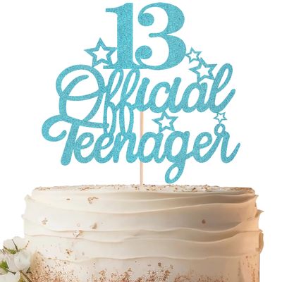 EONNCNT 13 Official Teenager Cake Topper - Sky Blue Glitter 13th Birthday Cake Decoration Supplies, Cheers to 13 Years Cake Decor for Teen 13th Birthday Party Photo Booth Props