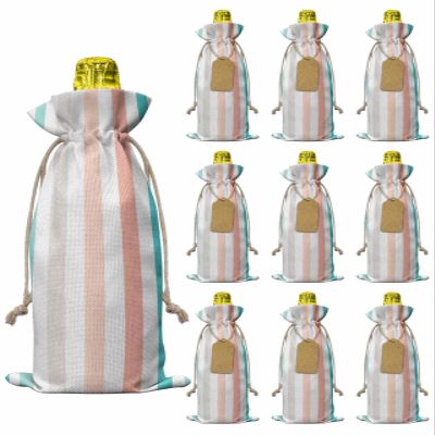 10pcs Linen Burlap Wine Bags with Drawstring Aqua Teal Stripe Wine Gift Bag with Tags Reusable Wine Bottle Gift Bags for Christmas Birthday Wine Tasting Party Geometric Grey White Vertical Striped