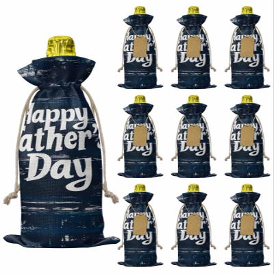 10pcs Linen Burlap Wine Bags with Drawstring Happy Father's Day Wine Gift Bag with Tags Reusable Wine Bottle Gift Bags for Christmas Birthday Wine Tasting Party Supplies Navy Blue Shabby Wooden Grain