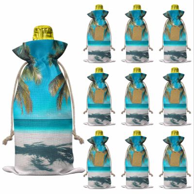 10pcs Linen Burlap Wine Bags with Drawstring Ocean Beach Wine Gift Bag with Tags Reusable Wine Bottle Gift Bags for Christmas Birthday Wine Tasting Party Supplies Summer Coconut Coastal Sea Landscape
