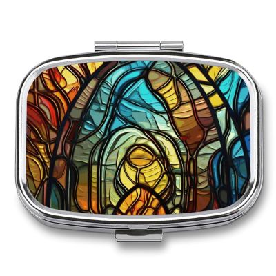 Stained Glass Art Pill Case for Travel, Rectangle Metal Pill Organizer with 2 Compartments, Portable Daily Medicine Box for Purse, Wallet