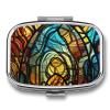 Stained Glass Art Pill Case for Travel, Rectangle Metal Pill Organizer with 2 Compartments, Portable Daily Medicine Box for Purse, Wallet view 1