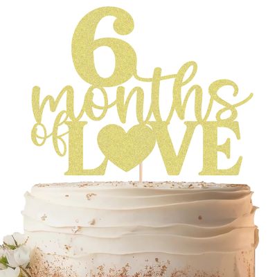 EONNCNT 6 Months of Love Cake Topper - Gold Glitter Half Birthday Cake Decorating Supplies for Baby Shower, Gender Reveal or 1/2 Birthday Party Photo Booth Props