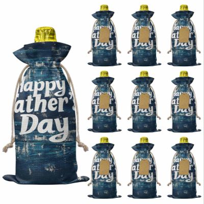 10pcs Linen Burlap Wine Bags with Drawstring Happy Father's Day Wine Gift Bag with Tags Reusable Wine Bottle Gift Bags for Christmas Birthday Wine Tasting Party Supplies Dark Blue Shabby Graffiti