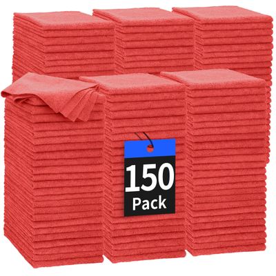 HOMERHYME Microfiber Cleaning Cloth, 150 Pack Cleaning Rags Microfiber Towel Bulk Absorbent Lint-Free WashCloths, All-Purpose Towels for Cars, Shop, Automotive, Garage, Home Kitchen 11.5"*11.5", Red