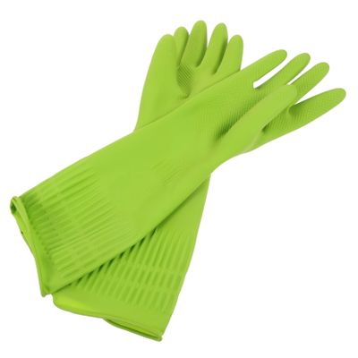 HAMPPLIES Non Slip Long Dishwashing Gloves with Granular Palm Oil Resistant Protective Kitchen Cleaning Gloves for Dishwashing Food Prep Gardening Extended for Wrist Protection Green