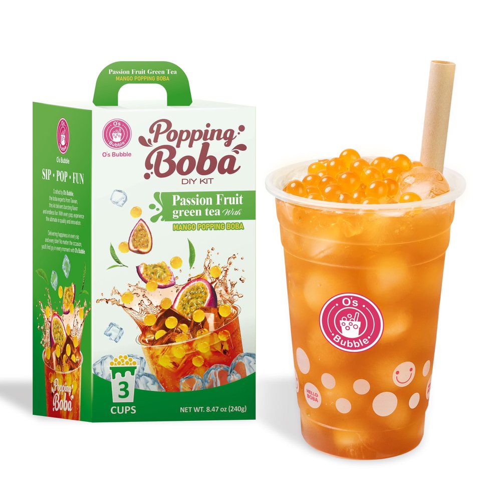 Os Bubble Peach Green Tea DIY Boba Kit with 3 Peach Syrup Packs & 3 Mango Popping Boba Make Fruity Bubble Tea at Home 3 Servings Included (Passion Fruit Green Tea)