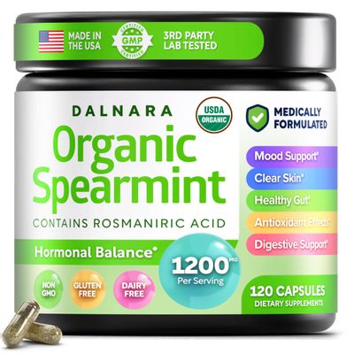 Dalnara Organic Spearmint Capsules 1200 mg - USDA Certified, Supports Womens Wellness, Hormonal Balance & Digestive Vitality, Vegan-Friendly Herbal Supplement - 60-Day Supply