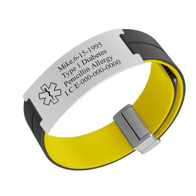 Custom Medical Alert ID Bracelet for Unisex-18mm Stainless Steel & Silicone Rubber 2 Tone Emergency ID Outdoor Sport Wristband,Black Yellow
