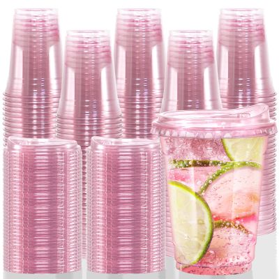 12oz Disposable Stemless Glasses With Strawless Sip Lids,PET Solo Disposable Cups ,Party Clear Plastic Wine Glasses for Parties Birthday,Wedding,Meeting,Christmas Party Supplies. (100, Pink)