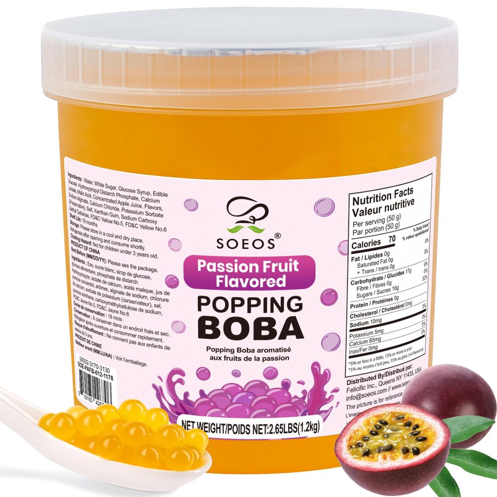 Soeos Passion Fruit Popping Boba Pearls, 1.2kg (2.6 lb), Bursting Boba Passion Fruit Juice Balls for Bubble Tea, Desserts, and Drinks (1 Pack)