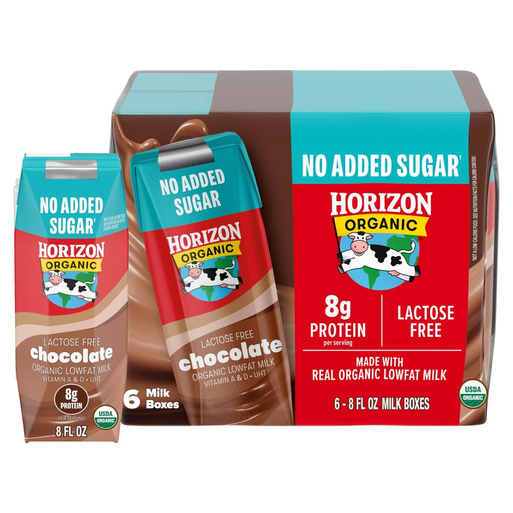 NEW Horizon Organic Shelf Stable No Added Sugar Lactose Free 1% Lowfat Chocolate Milk Boxes, Pack of 6-8g Protein per Serving