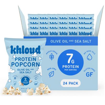 Khloud Protein Popcorn - Olive Oil & Sea Salt - 7g Protein Snacks for Adults & Kids - Flavored Popcorn Made with Real Ingredients & Milk Protein Isolate - Non-GMO, Gluten-Free, Kosher - 1oz, 24ct