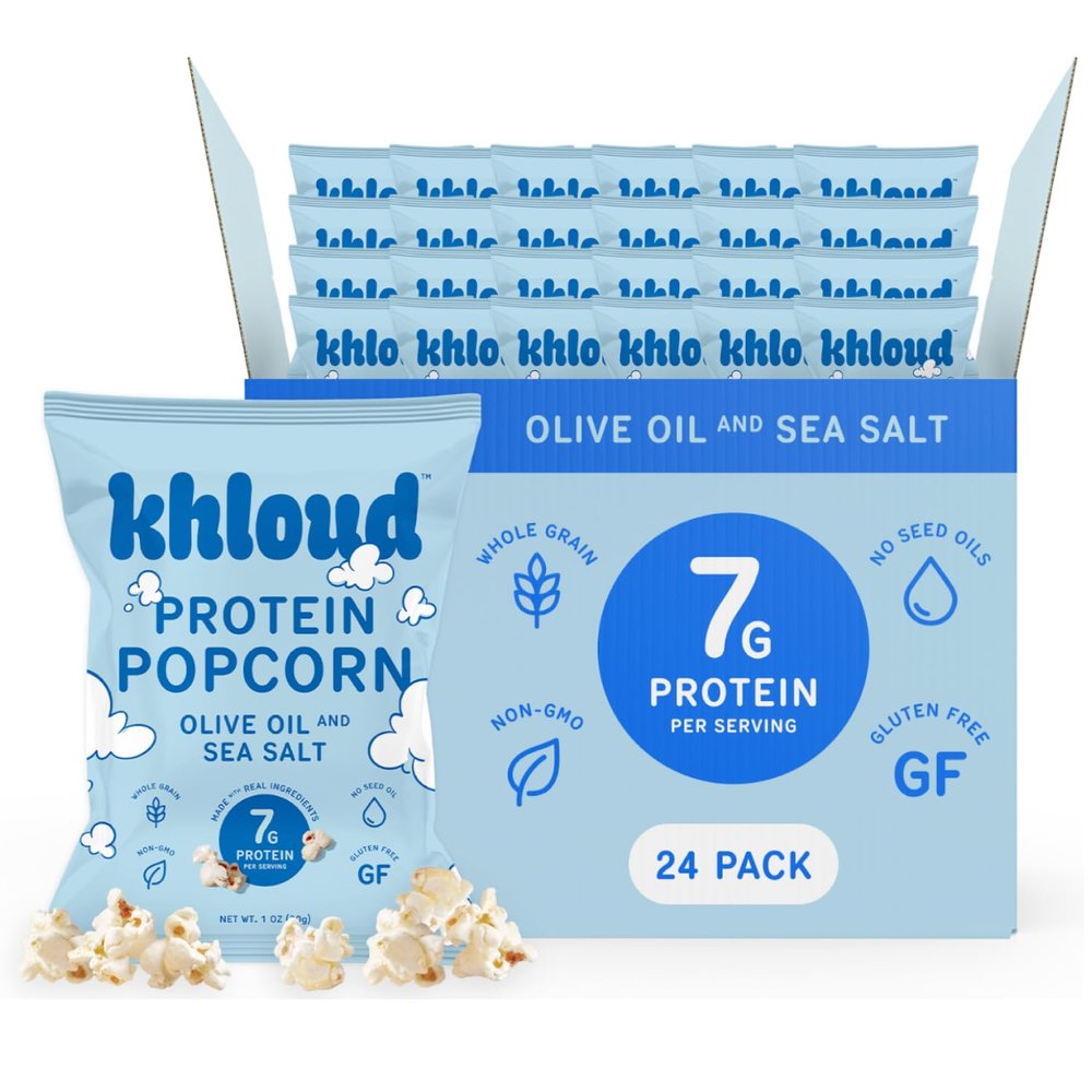 Khloud Protein Popcorn - Olive Oil & Sea Salt - 7g Protein Snacks for Adults & Kids - Flavored Popcorn Made with Real Ingredients & Milk Protein Isolate - Non-GMO, Gluten-Free, Kosher - 1oz, 24ct
