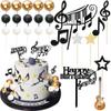 Gyufise 30Pcs Rock Music Happy Birthday Cake Topper Piano Guitar Cake Toppers Glitter Music Notes Balls Cake Decorations for Musician Birthday Party Supplies Black White Silver view 1