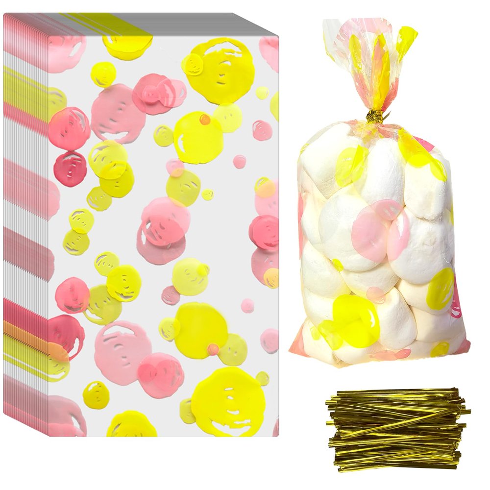 100PCS Pink Dot Cellophane Treat Bags 7.9x4.8 inches - Plastic Gift Bags with 100 Gold Twist Ties, Yellow Pink Dot Printed Pattern for Birthday Parties, Baby Showers, Weddings, Party Favors