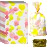 100PCS Pink Dot Cellophane Treat Bags 7.9x4.8 inches - Plastic Gift Bags with 100 Gold Twist Ties, Yellow Pink Dot Printed Pattern for Birthday Parties, Baby Showers, Weddings, Party Favors view 1