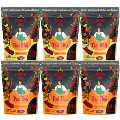 Bangkok Bites Vegan Jerky Variety Pack (Thai BBQ + Pad Thai), Real Ingredients, High-Protein, Low Fat, Plant-Based Snacks, Non-GMO Soy, Chewy Texture, Natural, No Artificial Flavors, 2 oz (6-Pack, Pad Thai & Thai BBQ)