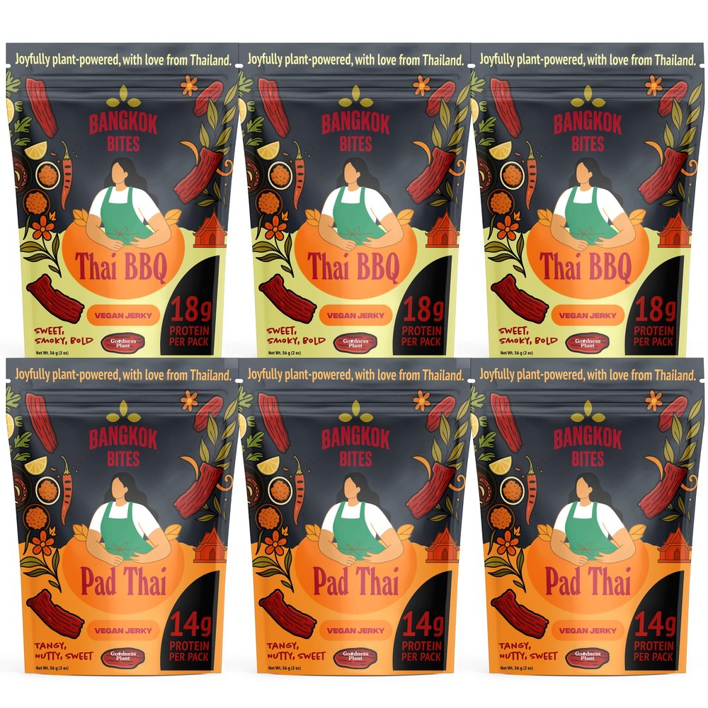 Bangkok Bites Vegan Jerky Variety Pack (Thai BBQ + Pad Thai), Real Ingredients, High-Protein, Low Fat, Plant-Based Snacks, Non-GMO Soy, Chewy Texture, Natural, No Artificial Flavors, 2 oz (6-Pack, Pad Thai & Thai BBQ)