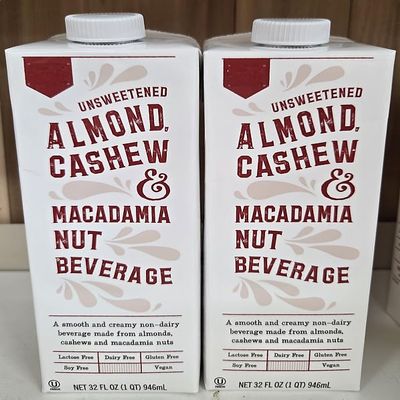 Trader Joe Unsweetened Almond Cashew & Macadamia Nut Beverage 32fl oz 946ml (Two Cartons)