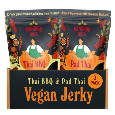 Bangkok Bites Vegan Jerky Variety Pack (Thai BBQ + Pad Thai), Real Ingredients, High-Protein, Low Fat, Plant-Based Snacks, Non-GMO Soy, Chewy Texture, Natural, No Artificial Flavors, 2 oz (2-Pack)