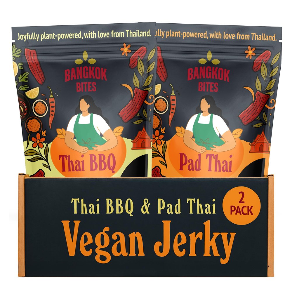 Bangkok Bites Vegan Jerky Variety Pack (Thai BBQ + Pad Thai), Real Ingredients, High-Protein, Low Fat, Plant-Based Snacks, Non-GMO Soy, Chewy Texture, Natural, No Artificial Flavors, 2 oz (2-Pack)