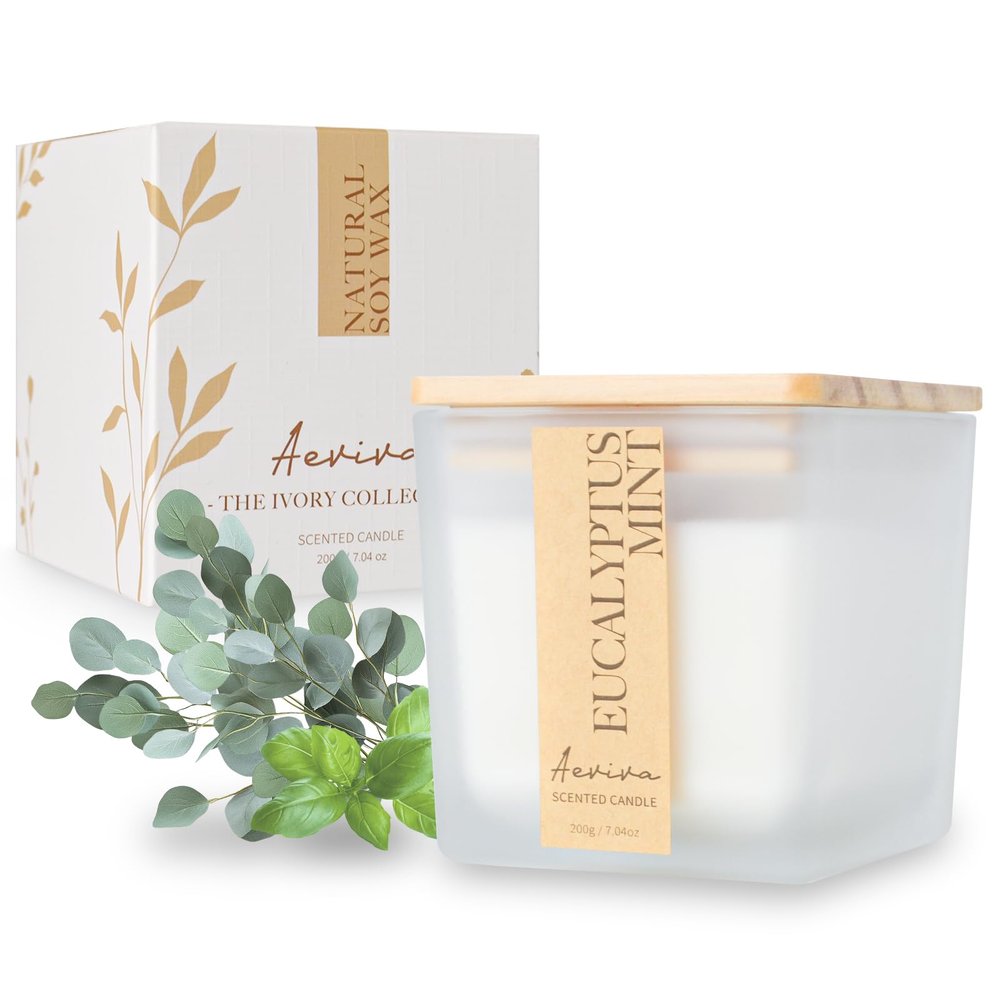Aeviva Eucalyptus Mint Scented Candle, 7.04oz 40 Hour Burn, Natural Soy Wax with Crackling Wood Wick, Highly Scented Aromatherapy Candle for Stress Relief & Meditation, Gifts for Women & Men
