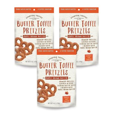 Everton Toffee Maple Brown Butter Flavor Butter Toffee Pretzels, 3 Bags (6 oz Each), Sweet & Salty Gourmet Pretzel Snack, Small Batch Made & Handcrafted, Crunchy Dessert Treat in Resealable Bags