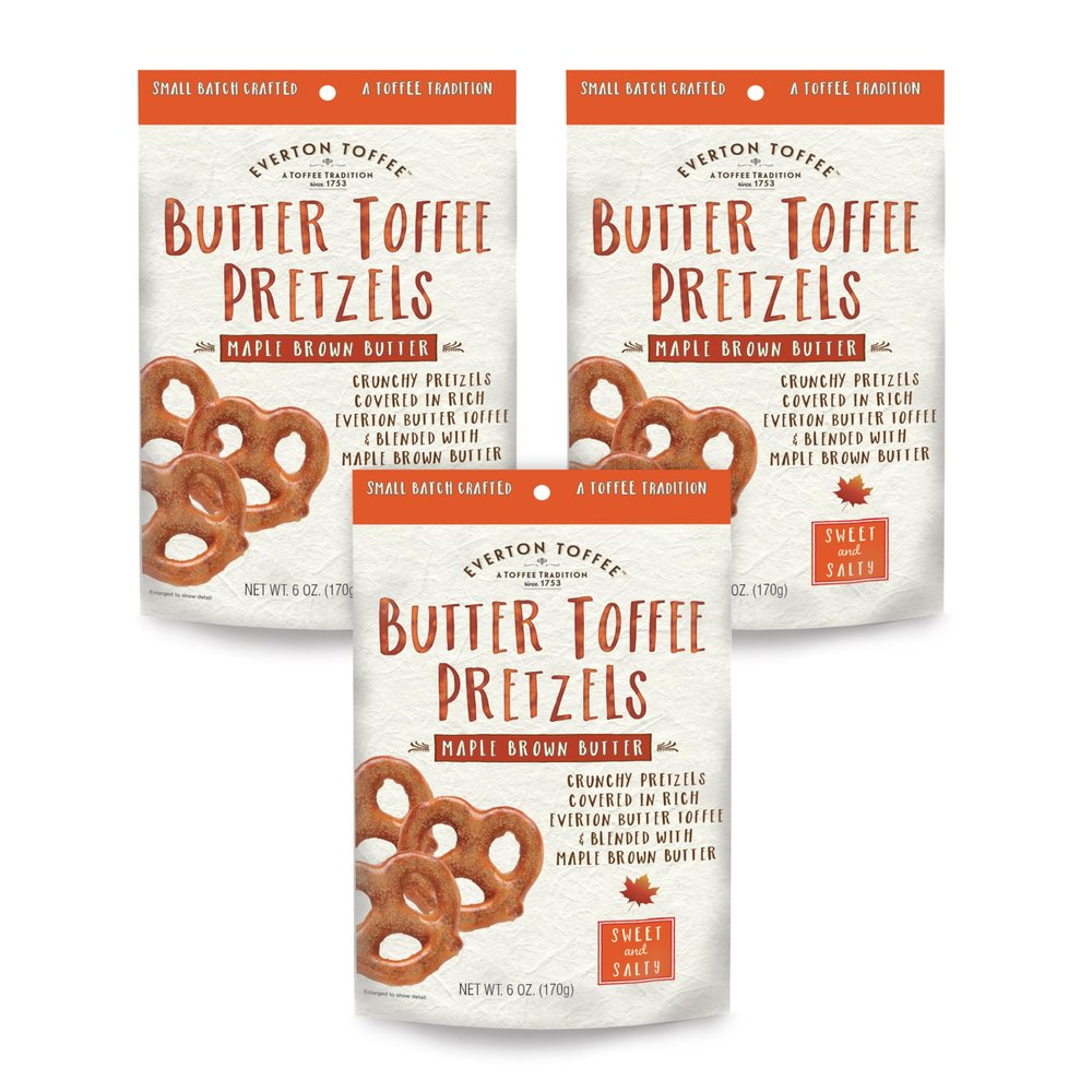 Everton Toffee Maple Brown Butter Flavor Butter Toffee Pretzels, 3 Bags (6 oz Each), Sweet & Salty Gourmet Pretzel Snack, Small Batch Made & Handcrafted, Crunchy Dessert Treat in Resealable Bags