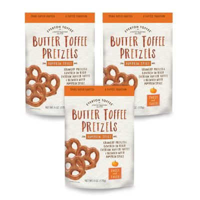 Everton Toffee Pumpkin Spice Flavor Butter Toffee Pretzels, 3 Bags (6 oz Each), Sweet & Salty Gourmet Pretzel Snack, Small Batch Made & Handcrafted, Crunchy Dessert Treat in Resealable Bags