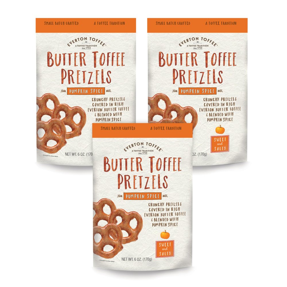 Everton Toffee Pumpkin Spice Flavor Butter Toffee Pretzels, 3 Bags (6 oz Each), Sweet & Salty Gourmet Pretzel Snack, Small Batch Made & Handcrafted, Crunchy Dessert Treat in Resealable Bags