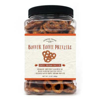 Everton Toffee Maple Brown Butter Flavor Butter Toffee Pretzels, Sweet & Salty Gourmet Pretzel Snack, Small Batch Made & Handcrafted, Crunchy Dessert Treat in 13 oz Gorment Grab Jar