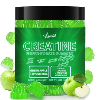 Asumtal Creatine Monohydrate Gummies for Men & Women, Creatine Monohydrate Supplement for Muscle Growth, Strength & Energy Support, Pre Workout Gummies 120 Count Green Apple Flavor