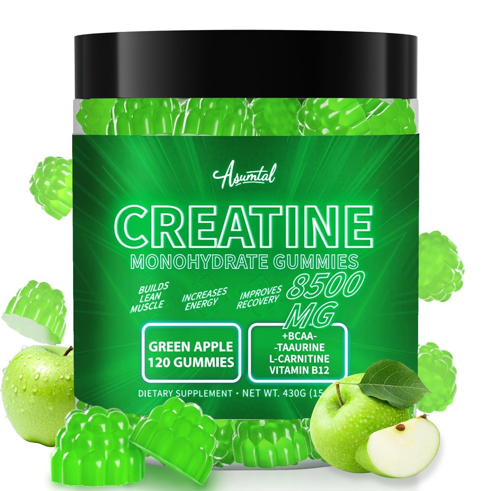 Asumtal Creatine Monohydrate Gummies for Men & Women, Creatine Monohydrate Supplement for Muscle Growth, Strength & Energy Support, Pre Workout Gummies 120 Count Green Apple Flavor