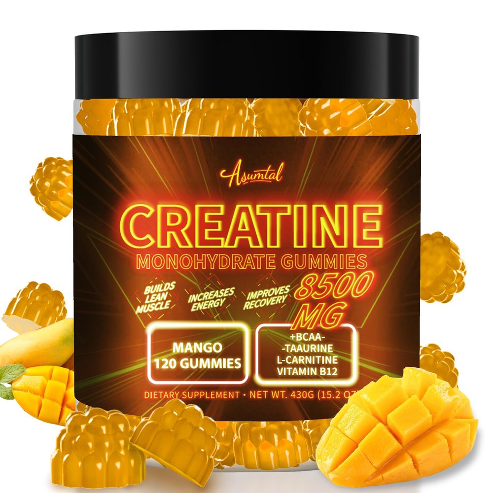 Asumtal Creatine Monohydrate Gummies for Men & Women, Creatine Monohydrate Supplement for Muscle Growth, Strength & Energy Support, Pre Workout Gummies 120 Count Mango Flavor