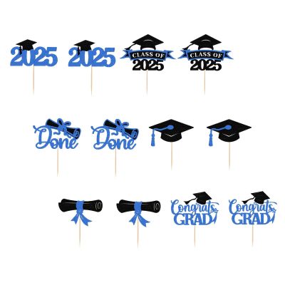 12 Pieces Graduation Cupcake Toppers 2025, Glitter Design Congrats Award Cake Topper Supplies for Graduation Decorations- Blue