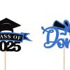 12 Pieces Graduation Cupcake Toppers 2025, Glitter Design Congrats Award Cake Topper Supplies for Graduation Decorations- Blue view 4