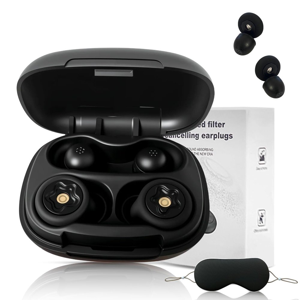 Ear Plugs for Sleeping Noise Cancelling 50dB, Reusable Hearing Protection for Snoring, Airplane Travel, Concerts & Focus, Includes 8 Silicone Tips & Comfortable Sleep Eye Mask (Black)