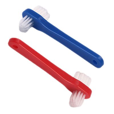 COLLBATH 2pcs Small Double Sided Denture Toothbrush Ergonomic Non Slip Handle Compact Small Brush Heads for Comfortable Cleaning of False Teeth and Retainers Blue and Red
