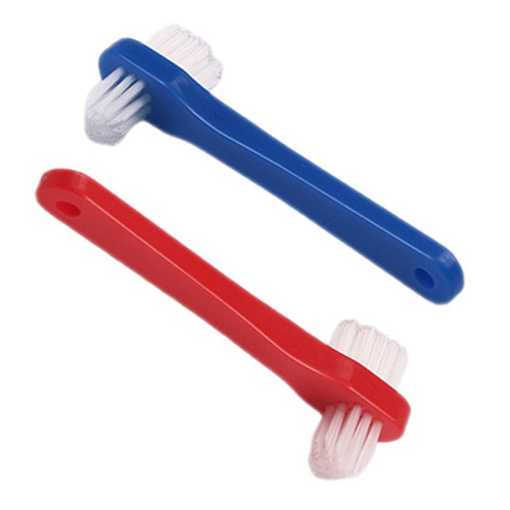 COLLBATH 2pcs Small Double Sided Denture Toothbrush Ergonomic Non Slip Handle Compact Small Brush Heads for Comfortable Cleaning of False Teeth and Retainers Blue and Red