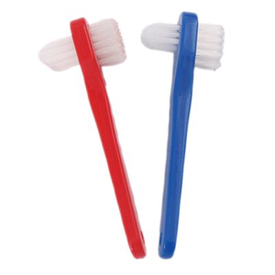 Anneome 2pcs Denture Toothbrushes Double Headed Small Brush for Hard to Reach Areas Ergonomic Thick Handle Teeth Care Accessories for Partial and Full Dentures Blue and Red