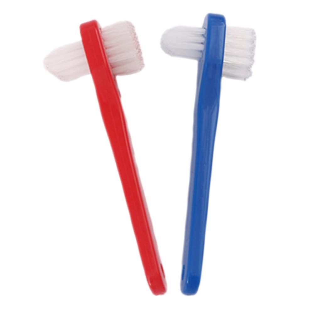 Anneome 2pcs Denture Toothbrushes Double Headed Small Brush for Hard to Reach Areas Ergonomic Thick Handle Teeth Care Accessories for Partial and Full Dentures Blue and Red