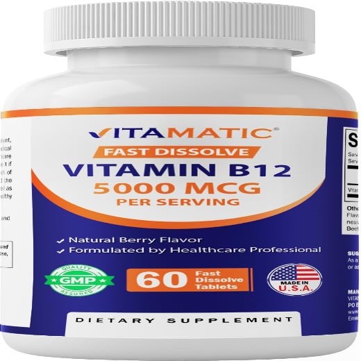 Vitamatic Vitamin B12 5000 mcg 60 Fast Dissolve Tablets Berry Flavor Supports Energy Production & Nervous System Health Non-GMO, Gluten-Free