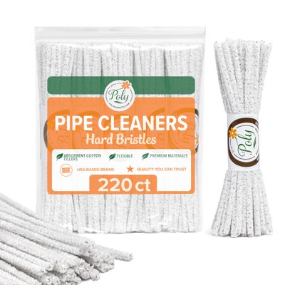 220 Count - Hard Bristle Pipe Cleaners Bulk | Great for Scrubbing Straws, Tubes, Tight Spaces | Nylon Bristles for Extra Scrub | Absorbent Cotton | Pipe Cleaners for Cleaning | Thick Pipe Cleaners